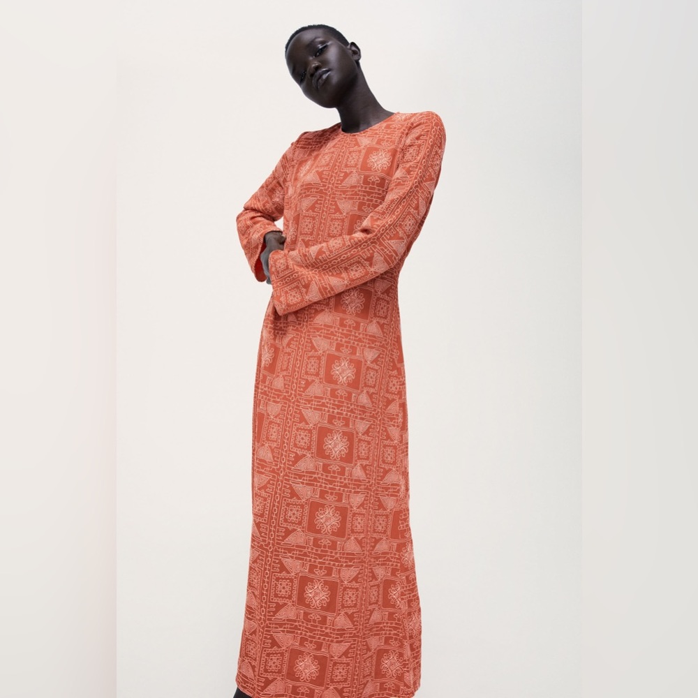 Zara Long Tangerine Orange Embroidered Print Maxi Dress